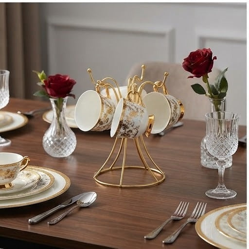Golden Coffee Cup Stand | Elegant Mug & Teacup Display Holder