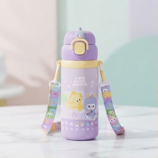 Cute Cartoon Character Kids Insulated Water Bottle | Portable Stainless Steel Flask with Strap 500 ml