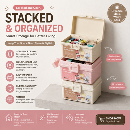 Stackable Storage Organizer Box with Lid & Handle – Multipurpose Home Storage Box