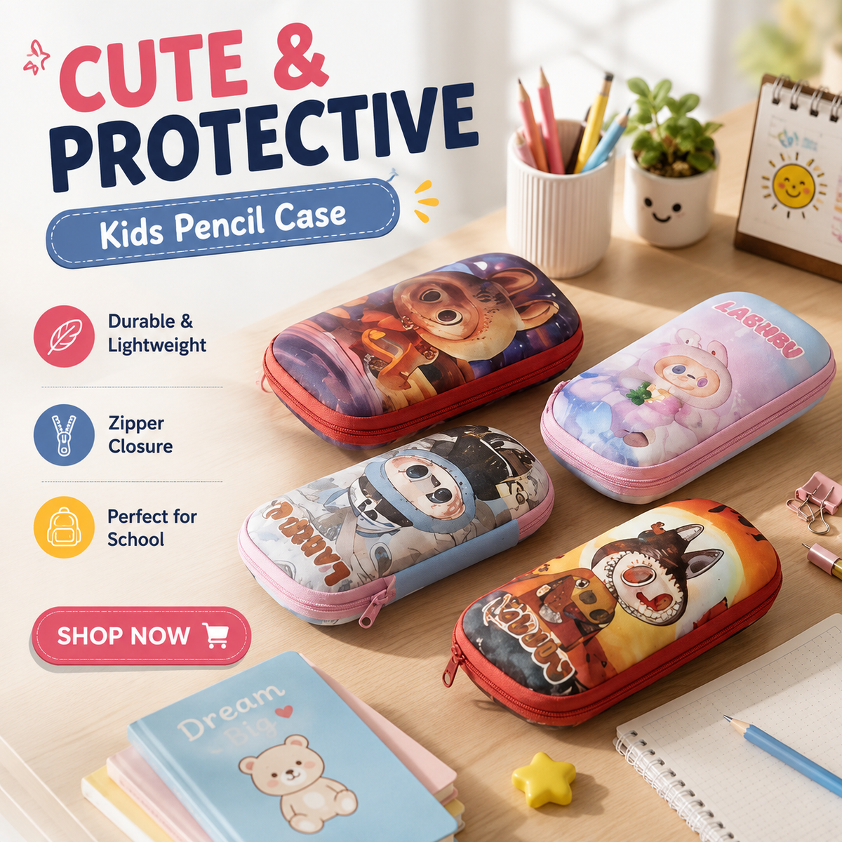 Cute Kids Cartoon Geometry Case – Hard Shell Zipper Stationery Organizer