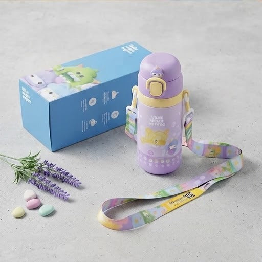 Cute Cartoon Character Kids Insulated Water Bottle | Portable Stainless Steel Flask with Strap 500 ml