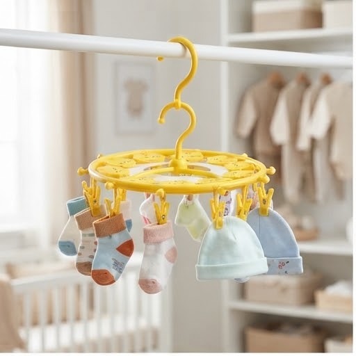 Yellow  Chutki Clothes Hanger | Multi-Clip Rotating Baby Socks & Towel Drying Rack