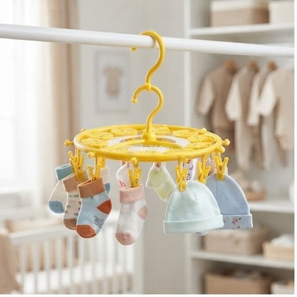 Yellow  Chutki Clothes Hanger | Multi-Clip Rotating Baby Socks & Towel Drying Rack