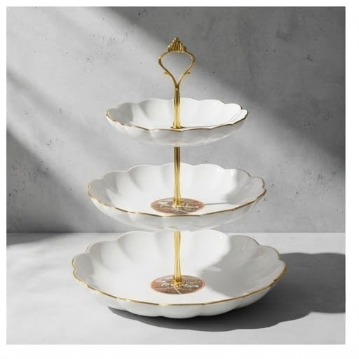 3-Tier Plastic Fruit & Snack Serving Stand | Gold-Plated Steel Stand Display Tray