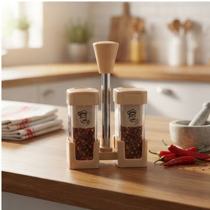 Chef Style Salt & Pepper Dispenser Stand Set | Double Spice Shaker Holder