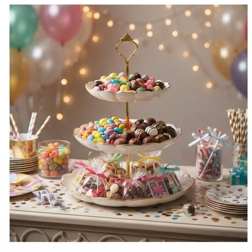 3-Tier Plastic Fruit & Snack Serving Stand | Gold-Plated Steel Stand Display Tray
