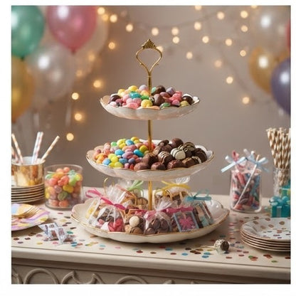 3-Tier Plastic Fruit & Snack Serving Stand | Gold-Plated Steel Stand Display Tray