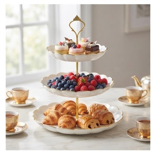 3-Tier Plastic Fruit & Snack Serving Stand | Gold-Plated Steel Stand Display Tray